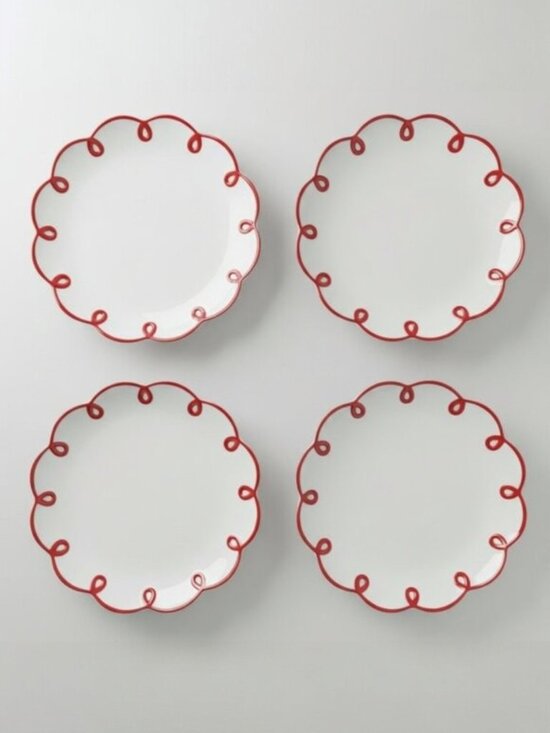 Anthropologie Other - Anthropologie Red Scalloped Dessert Plates Set of 4 Ceramic Holiday NWOT
